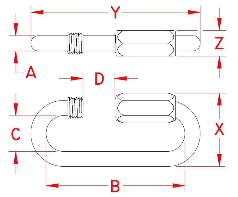 Stainless Steel Long Quick Link, S0160-LA03, S0160-LA04, S0160-LA05, S0160-LA06, S0160-LA08, S0160-LA09, S0160-LA10, S0160-LA12, S0160-LA14, S0160-LA16, S0160-LA18, Line Drawing